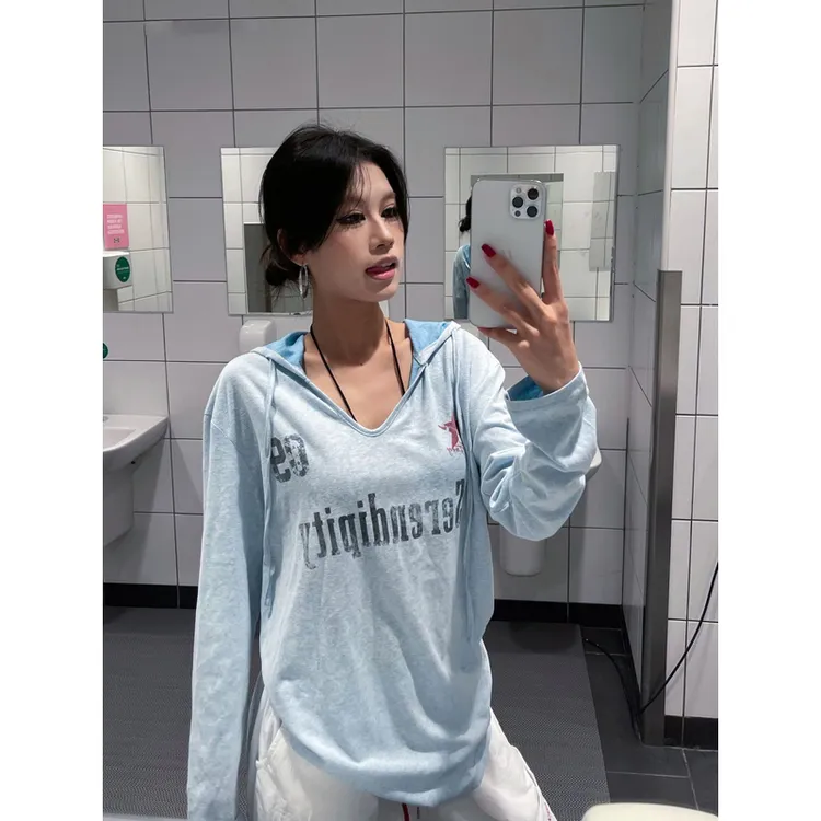 【ZHAP】设计感美式复古做旧字母印花长袖上衣男女运动薄款连帽防晒