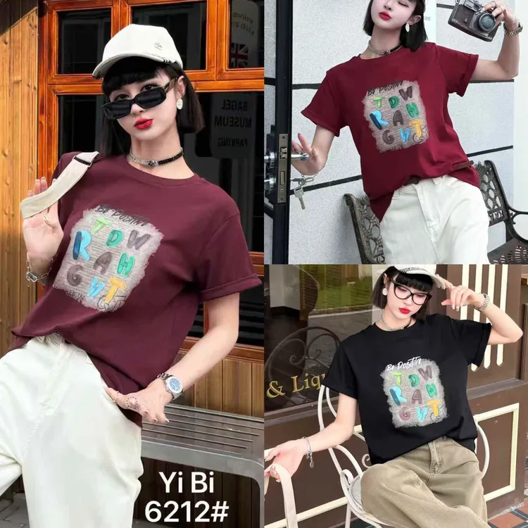 宜美多家 休闲彩色字母显瘦精梳棉上衣6212