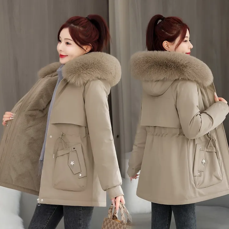 新款派克加绒棉服时尚洋气秋冬保暖反季中长款大毛领网红派克棉服