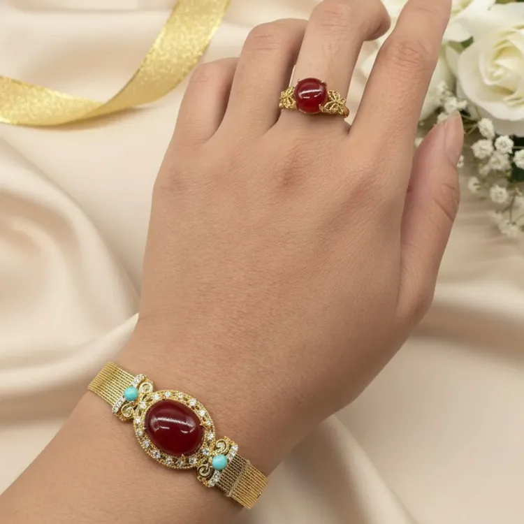 铜合金莫桑石手镯 民族风瑞丽饰品黄土镀金新精致手链戒指两件套