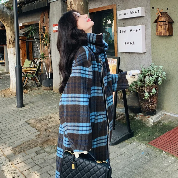 韩系高级感格子时髦双面羊绒大衣女2024冬新款两面穿减龄毛呢外套