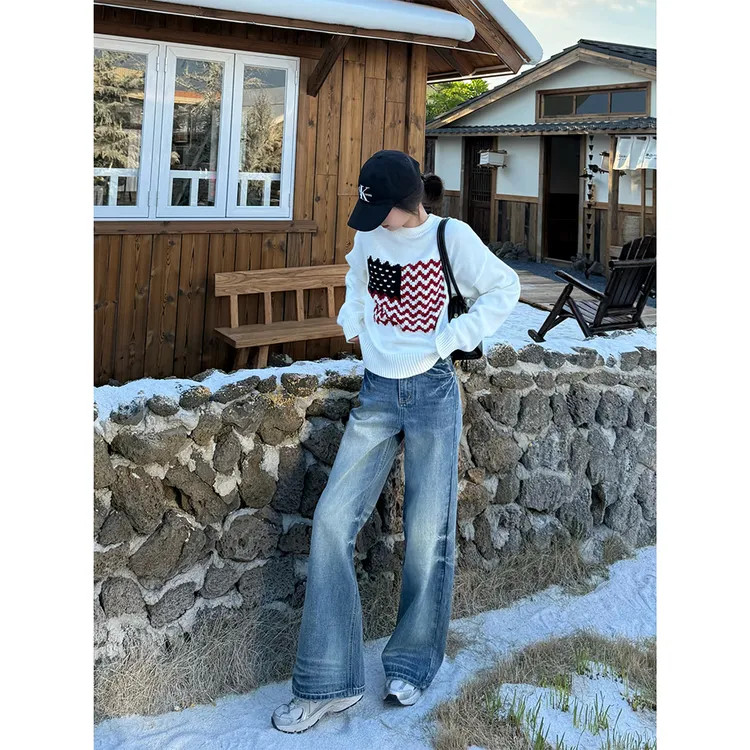 王家有鱼复古蓝水洗直筒牛仔裤女2025秋季新款宽松显瘦百搭阔腿裤