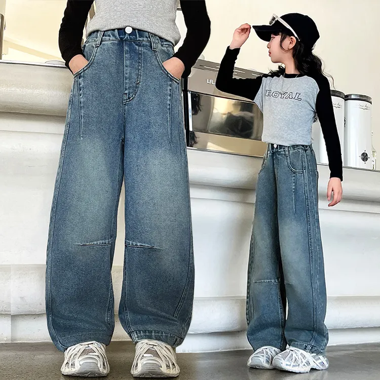 女童牛仔裤秋季新款洋气儿童高腰裤子中大童宽松百搭弯刀阔腿裤潮