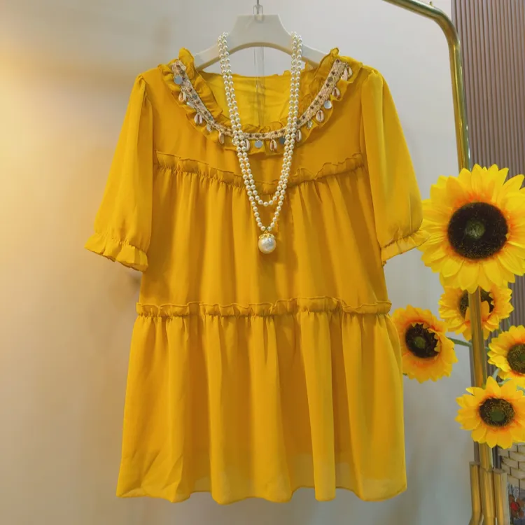 YD重工装饰链木耳花边纯色设计百搭雪纺衫胖MM夏季大码上衣宽松