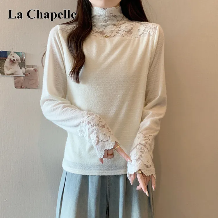 拉夏贝尔2025秋冬新款大码女装高领蕾丝纯欲拼接加厚打底针织衫潮