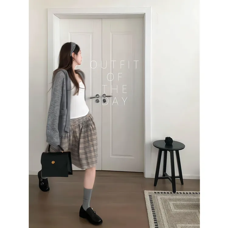 秋季连帽针织毛衣外套宽松慵懒风外搭开衫卫衣上衣百褶格子半身裙