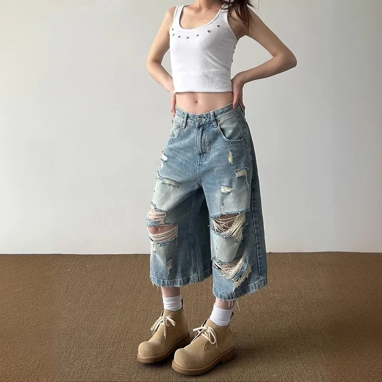 美式高街水洗破洞阔腿牛仔裤女夏季新款宽松休闲高腰直筒七分裤潮