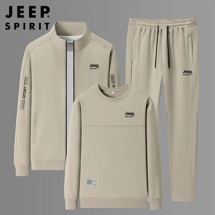 JEEP吉普运动套装男春秋款立领开衫外套男装大码跑步休闲服三件套
