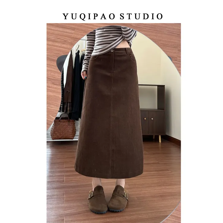 大码胖mm咖色灯芯绒半身裙女秋冬季高腰直筒裙中长款开叉一步裙子