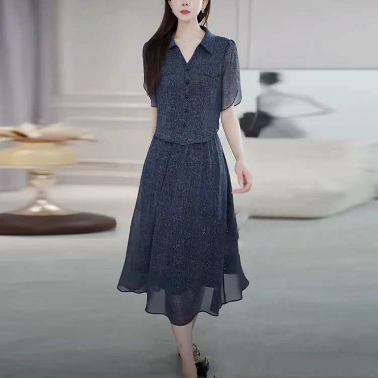 冰丽丝洋气质衣服女2025夏季新款时尚假两件高贵女士洋气连衣裙子