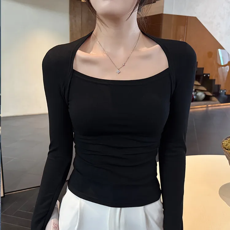 打底衫女T恤长袖春秋休闲小众方领显瘦韩式洋气露锁骨上衣设计感