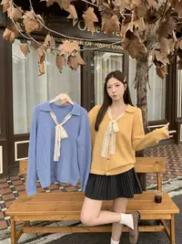 蕾丝系带针织开衫上衣女2025秋季新款大码胖mm时尚百搭设计感毛衣