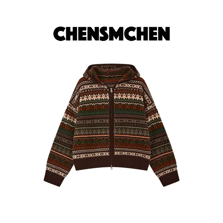 CHENSMCHEN 【深巧咖】100绵羊毛费尔岛连帽女开衫上衣CSM11655QQ