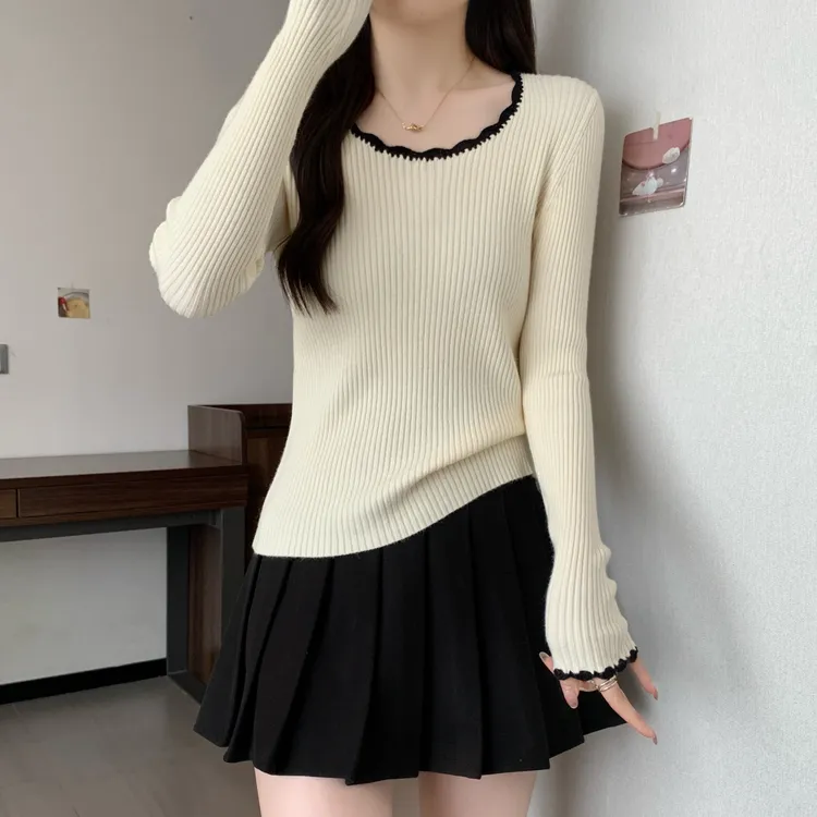 2025秋冬新款黑色显瘦打底毛衣胖mm大码韩版蕾丝花边圆领针织衫女