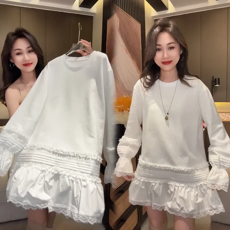 蕾丝花边长袖打底衫T恤裙女冬季新款时尚百搭中长款白色圆领内搭