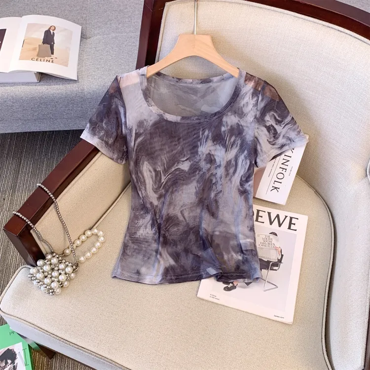 美式复古甜辣修身短款方领露锁骨晕染网纱上衣夏季时尚短袖t恤女