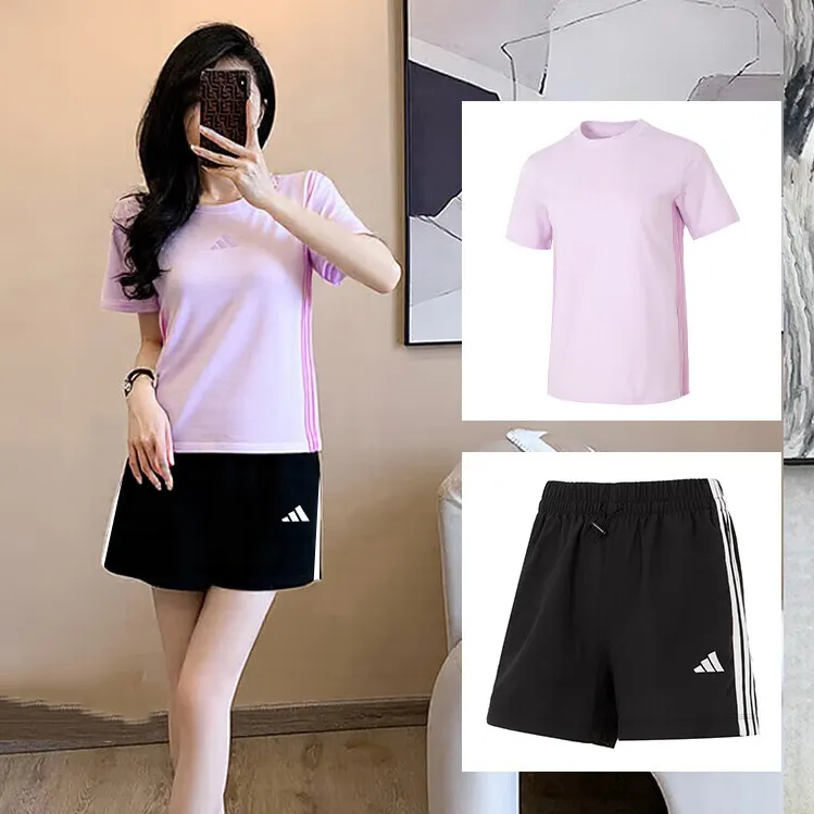 【商场同款】阿迪达斯运动套装女新款圆领短袖T恤宽松休闲梭织短裤