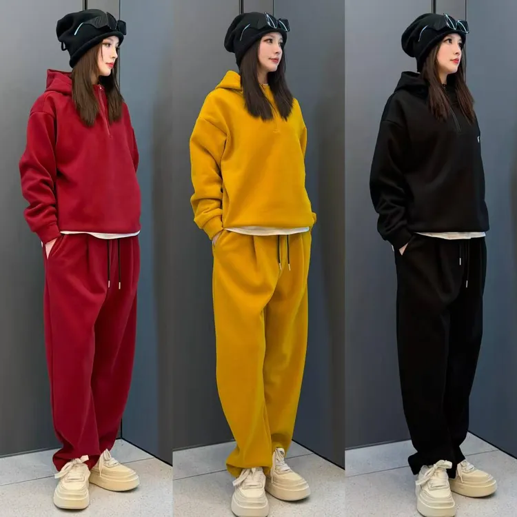 男女同款定制情侣款加绒套装抽绳连帽款式卫衣休闲裤两件套保暖