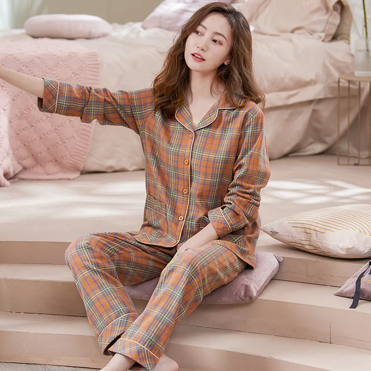 睡衣女士纯棉春秋季休闲格子长袖长裤宽松透气家居服套装春