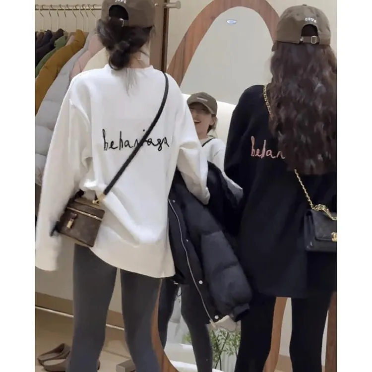 圆领图案小个子加绒加厚T恤上衣女秋冬季新款宽松显瘦百搭打底衫