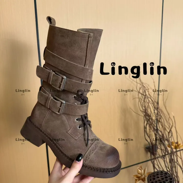 玲lin【束缚者】25新款金属感机车靴真皮交叉设计前卫束缚美学