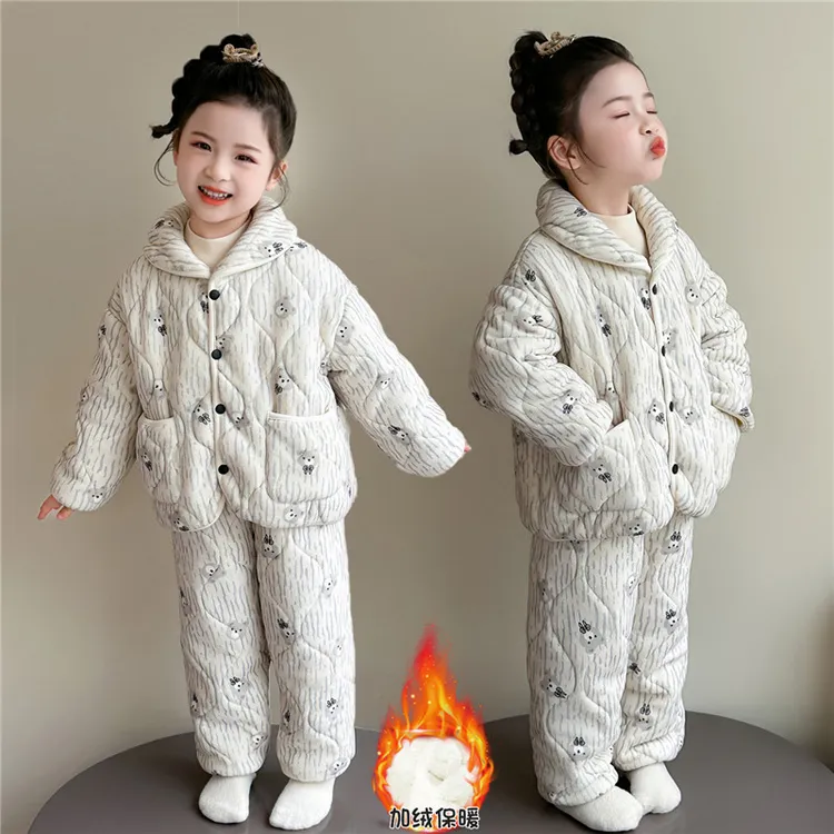 儿童珊瑚绒睡衣女童冬季女宝宝加绒加厚法兰绒女孩三层夹棉家居服