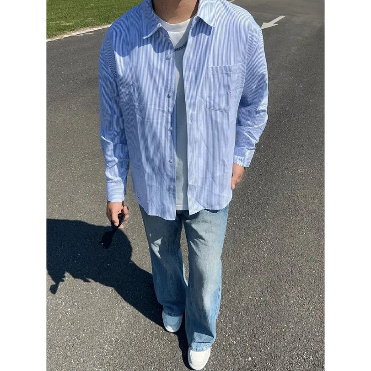 早秋美式潮牌个性浅蓝色衬衫长袖T恤男休闲宽松百搭个性打底上衣
