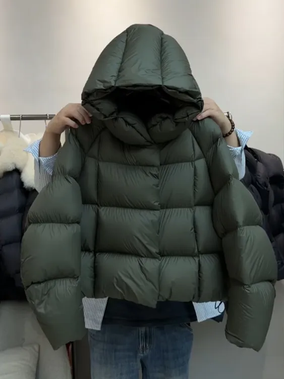 独特超好看绿色短款棉衣棉服女2025年冬新款连帽面包服小个子外套