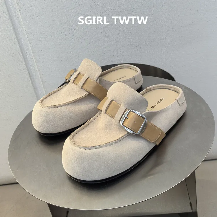 SGIRL TWTW2025年秋季新款真皮皮带扣平底包头半拖鞋穆勒鞋女鞋潮