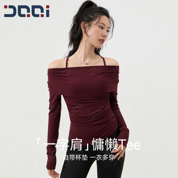 的确奇时尚慵懒风气质一字肩运动T恤女设计感显瘦瑜伽健身服 2360