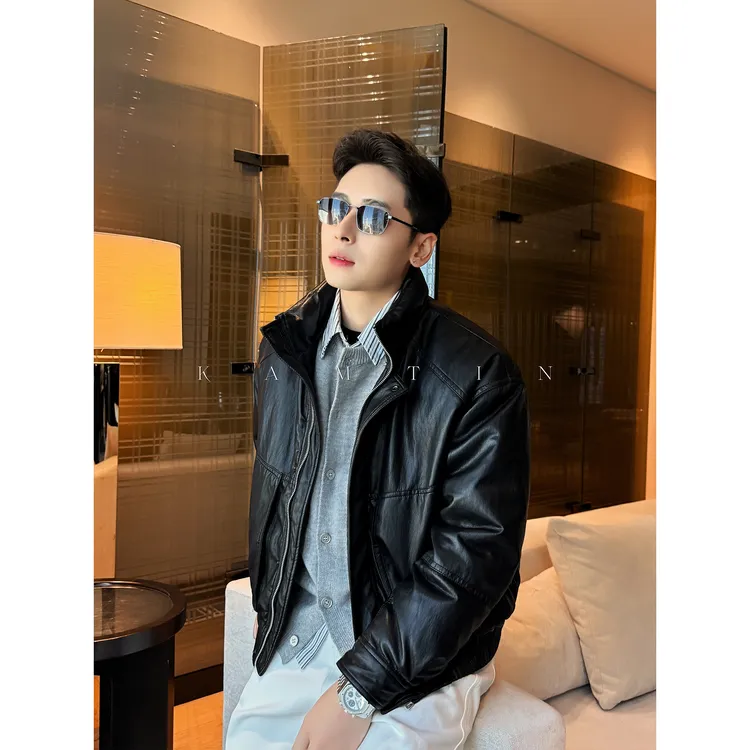 复古通勤风「皮质解构羽绒服」冬季鸭绒立领保暖男士机车短款皮外套