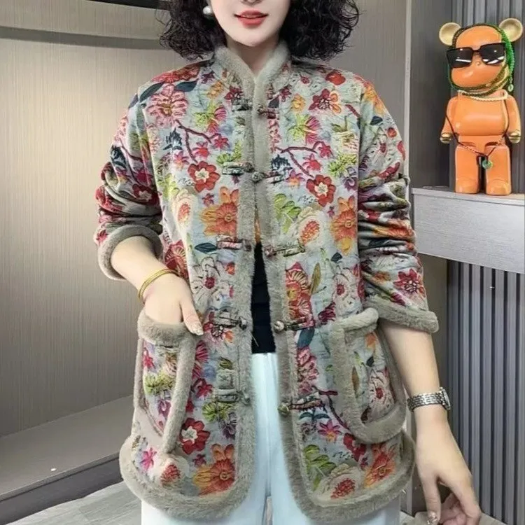【新品】冬季加绒新中式盘扣棉衣时尚碎花棉服中老年妈妈国风棉袄