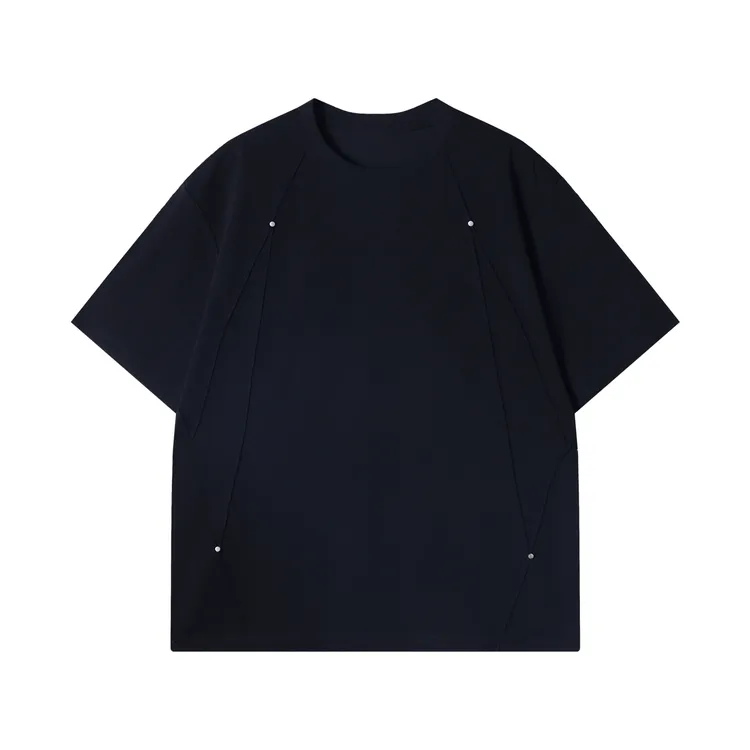 夏季高级感新款韩系纯色铆钉褶皱圆领短袖T恤气质百搭宽松上衣