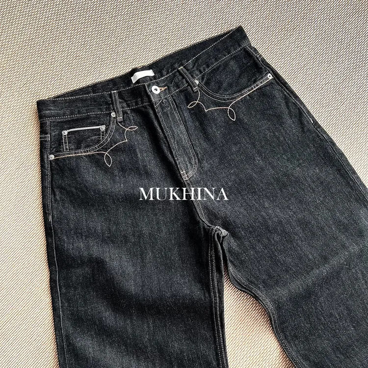 MUKHINA 13盎司红边窄幅赤耳原牛2021M版型刺绣宽松直筒牛仔裤