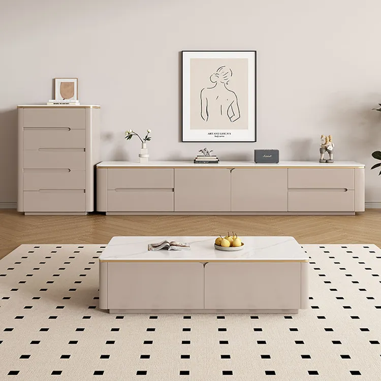 2024年款岩板电视柜茶几组合奶油风客厅轻奢家用高级感落地储物柜