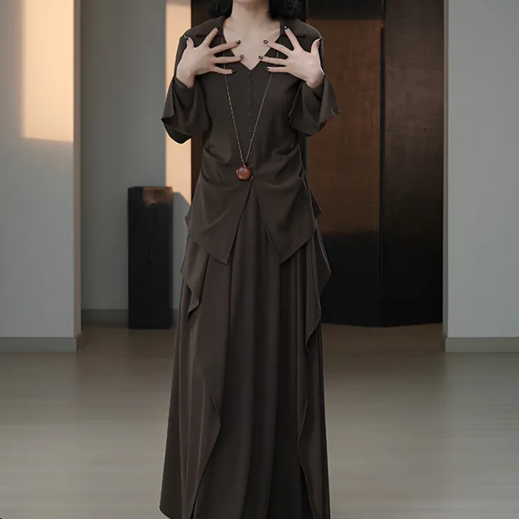 纯欲风V领显瘦长袖T恤半身裙两件套女春秋季慵懒时尚休闲通勤套装