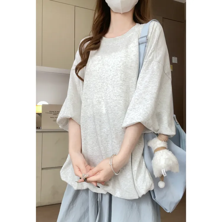 灰色圆领花苞短袖T恤简约女2025新款夏oversize大版上衣