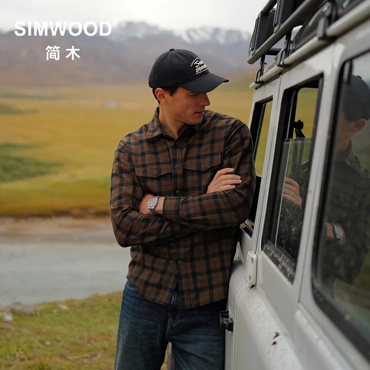SIMWOOD/简木【宽松版】280g水洗复古磨毛格子长袖衬衫男S13250665