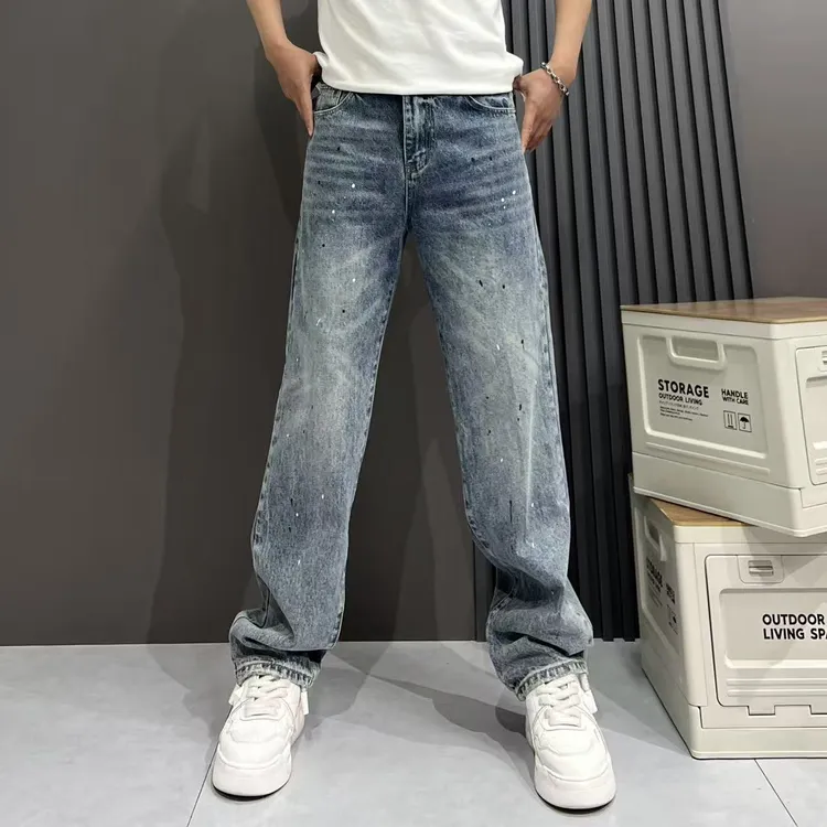 秋冬新款水洗牛仔蓝个性泼墨简约休闲百搭男士显瘦直筒牛仔裤无弹