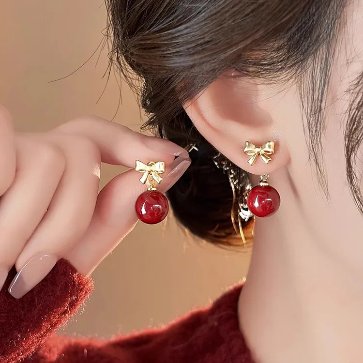 铜合金耳饰 蝴蝶结安可拉红耳环高档气质过年耳钉适合冬天的耳饰