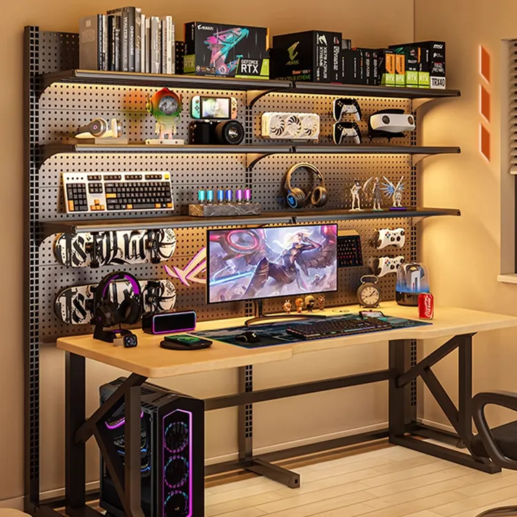 立式洞洞板置物架落地书架电竞房间免打孔金属收纳架电脑桌面改造