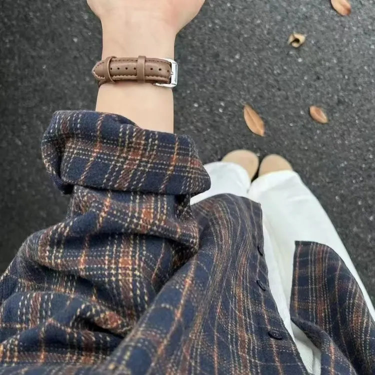 藏青色格子宽松衬衫外套女2025新款秋冬高级感轻奢减龄长袖上衣