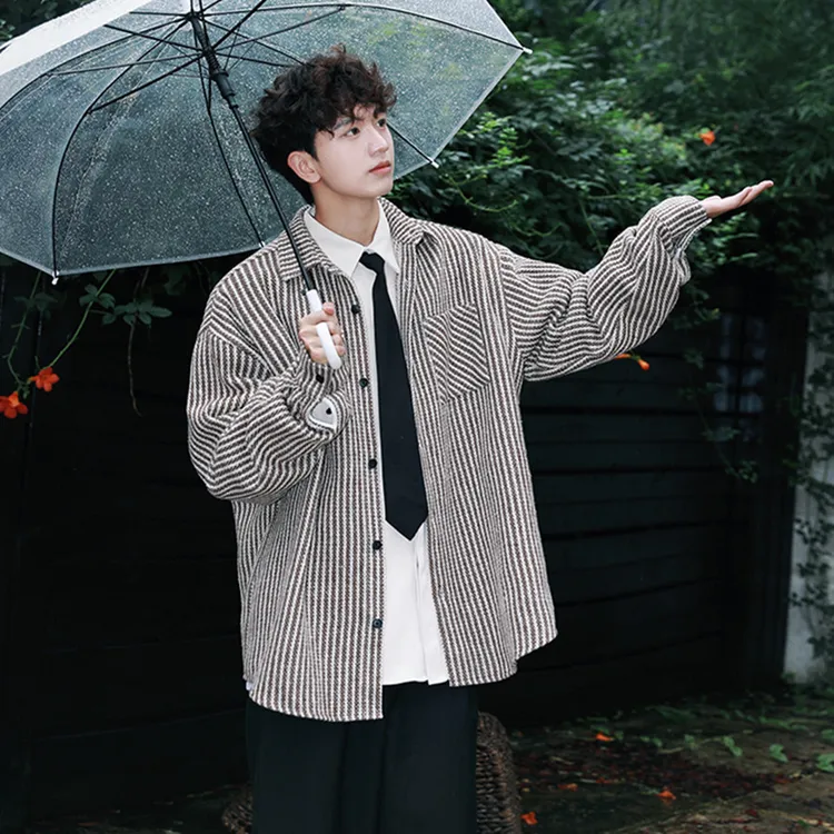 条纹长袖衬衫男士2025年春秋季新款韩版痞帅潮牌宽松衬衣外套