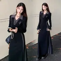 大码女装设计感长袖polo连衣裙秋季胖mm气质长款卫衣裙子黑色长裙