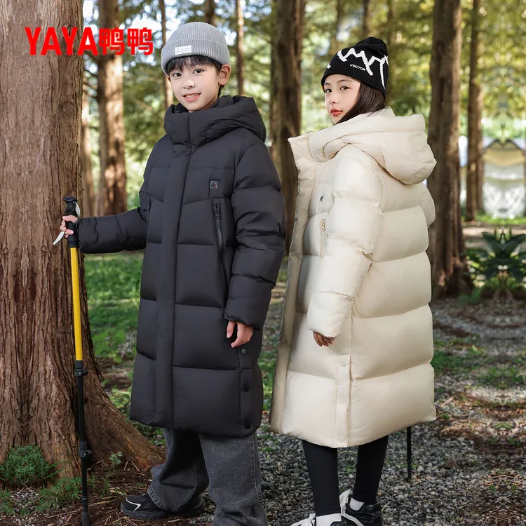 鸭鸭儿童款90绒羽绒服12岁男童女童泡芙中大童装中长款加厚外套