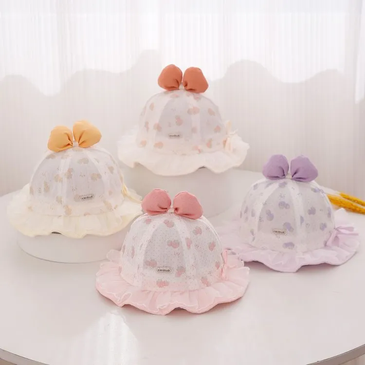 婴儿帽子春秋薄款可爱洋气女童蝴蝶结抽绳公主盆帽女宝甜美遮阳帽