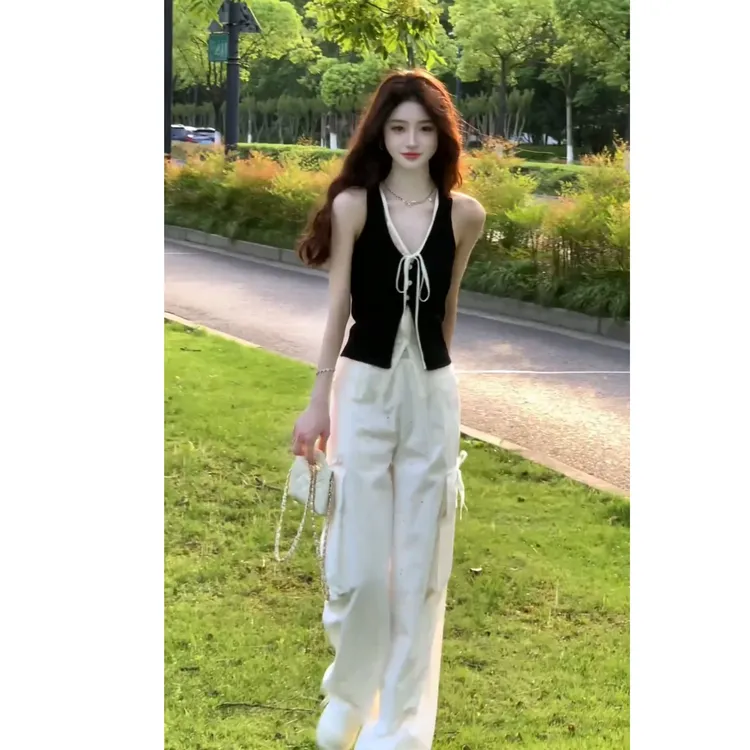 【现货】2025夏季新款一整套设计感显瘦背心假两件上衣裤子两件套