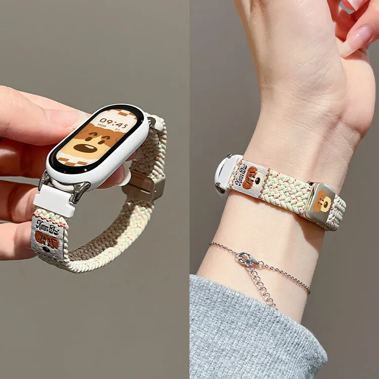 适用小米手环10表带9卡通8编织磁吸可爱小猫小狗NFC陶瓷版腕带女