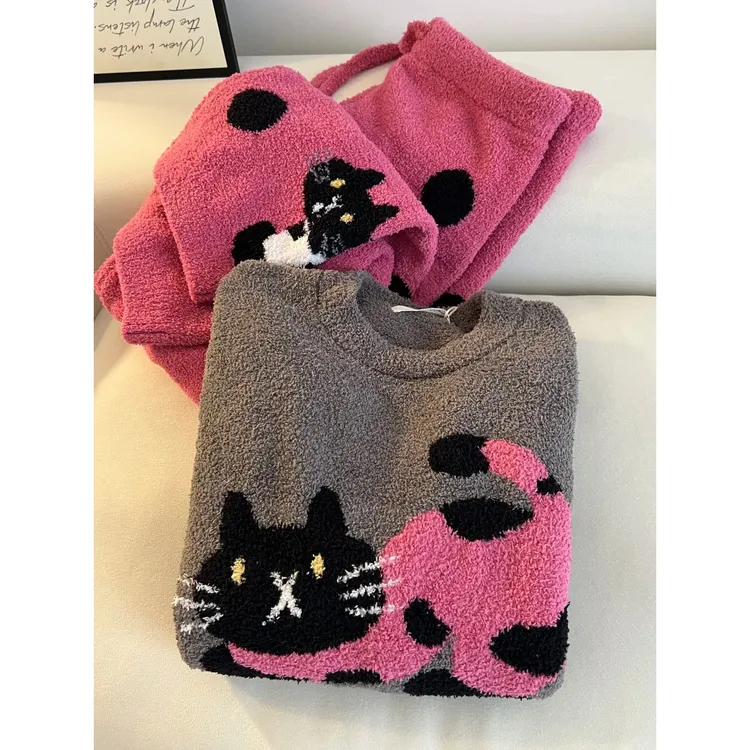 趣味波点猫可爱半边绒睡衣女秋冬软绵绵加厚珊瑚绒保暖家居服套装
