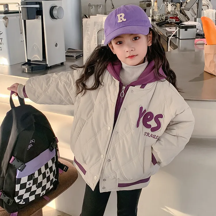 冬季儿童女童加厚棉衣短款夹棉夹克外套假两件连帽菱形格保暖棉袄